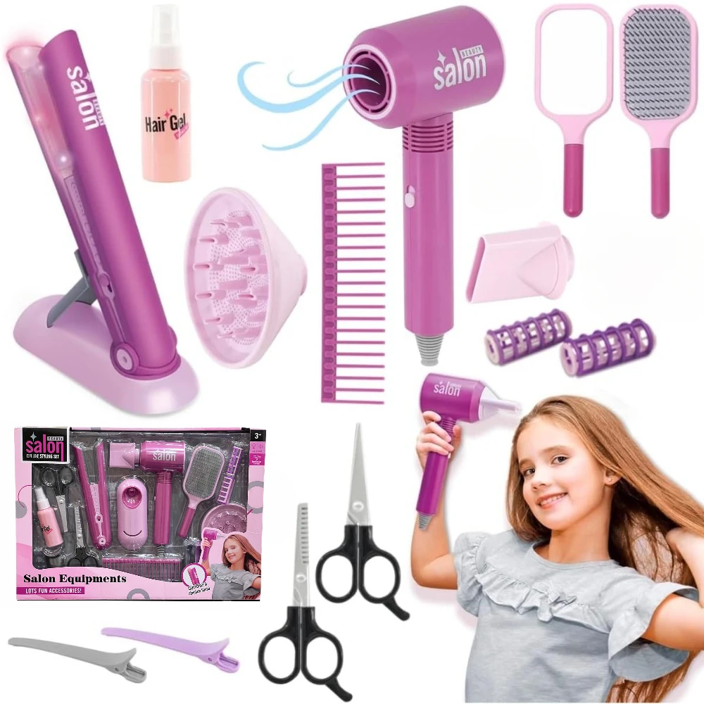 14Pcs Girls Beauty Hair Salon Toy Kit with Hairdryer, Straightener & Styling Accessories, Pretend Play Doll Stylist Set for Kids