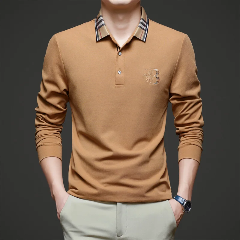 Modisches, hochwertiges, besticktes Herren-Polohemd aus Baumwolle, Herbst-Revers-T-Shirt in Kontrastfarben, lässige, vielseitige Herrenbekleidung – Detail 13