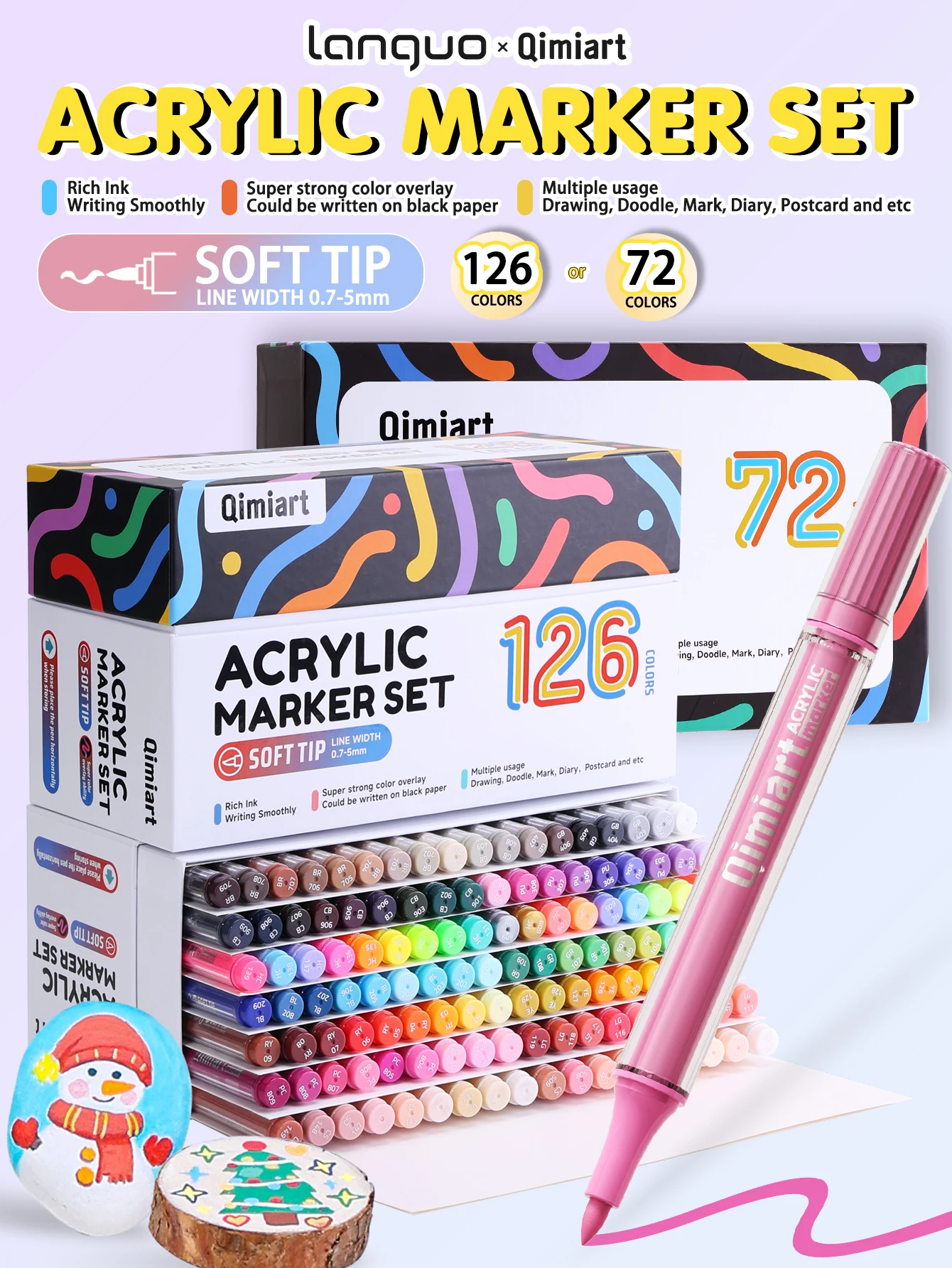 LANGUO 126/72 Colors Soft Tip Acrylic Marker Set | Quick Dry & Waterproof | For Black Paper, Rock Painting, Wood, DIY Crafts