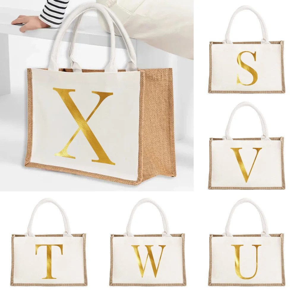 

Jute Bag Reusable Shopping Bag Lightweight Beach Handbags Shopper Initial Letter Pattern High Capacity Top Handle Grocery Bags