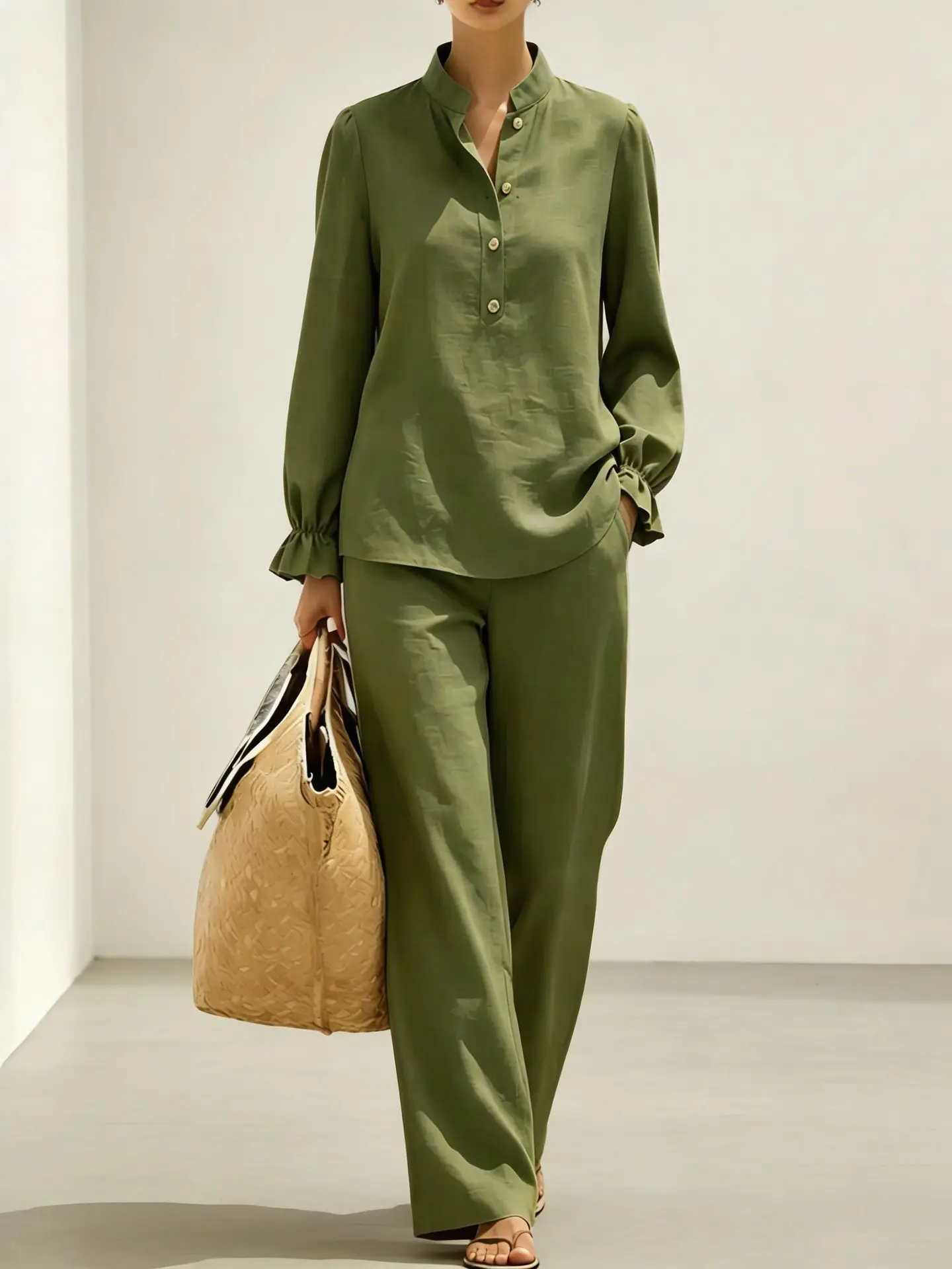 Fashion Wide-leg Pant Set Women's Casual Stand Collar Button Top Elastic Waist Trousers 2-piece Set Retro Female Office Suit