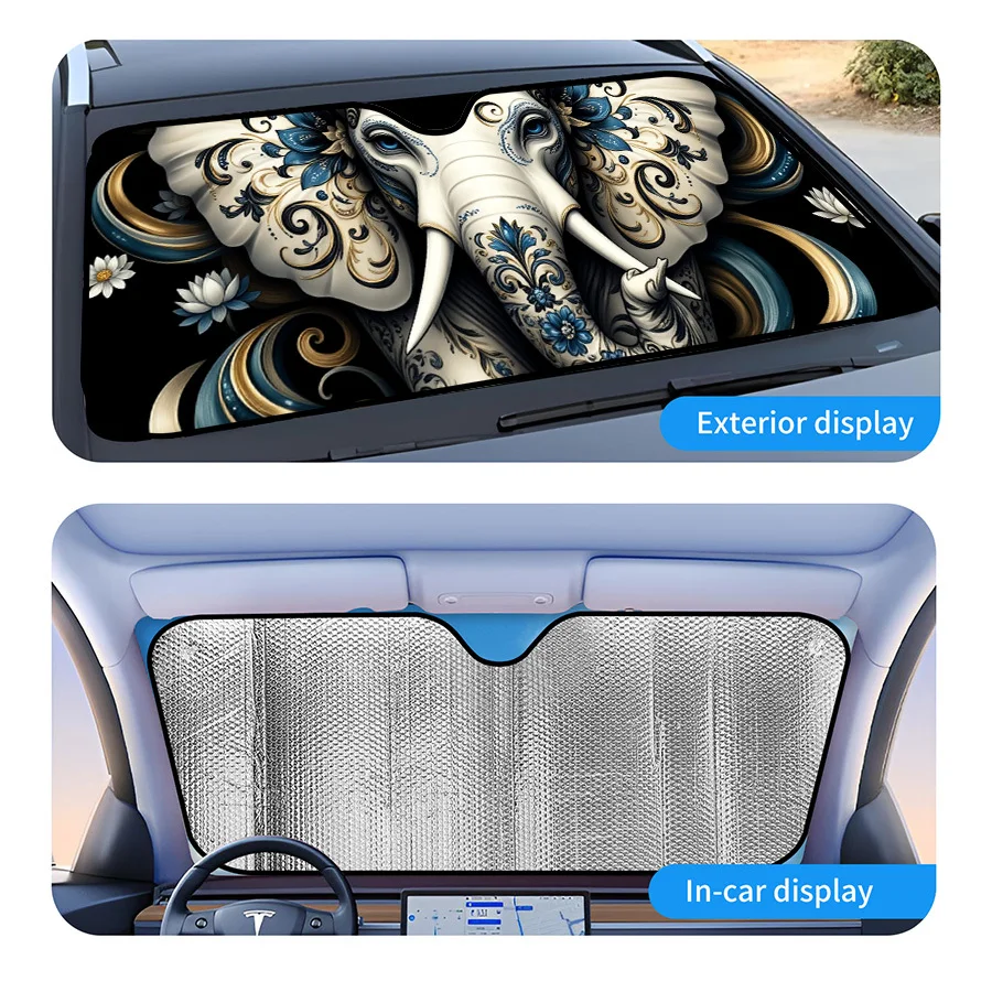 Multi-Functional Foldable Car Sunshade, 3 Sizes, Elephant Pattern With Blue And Golden Floral Design, UV Protection For Front Wi