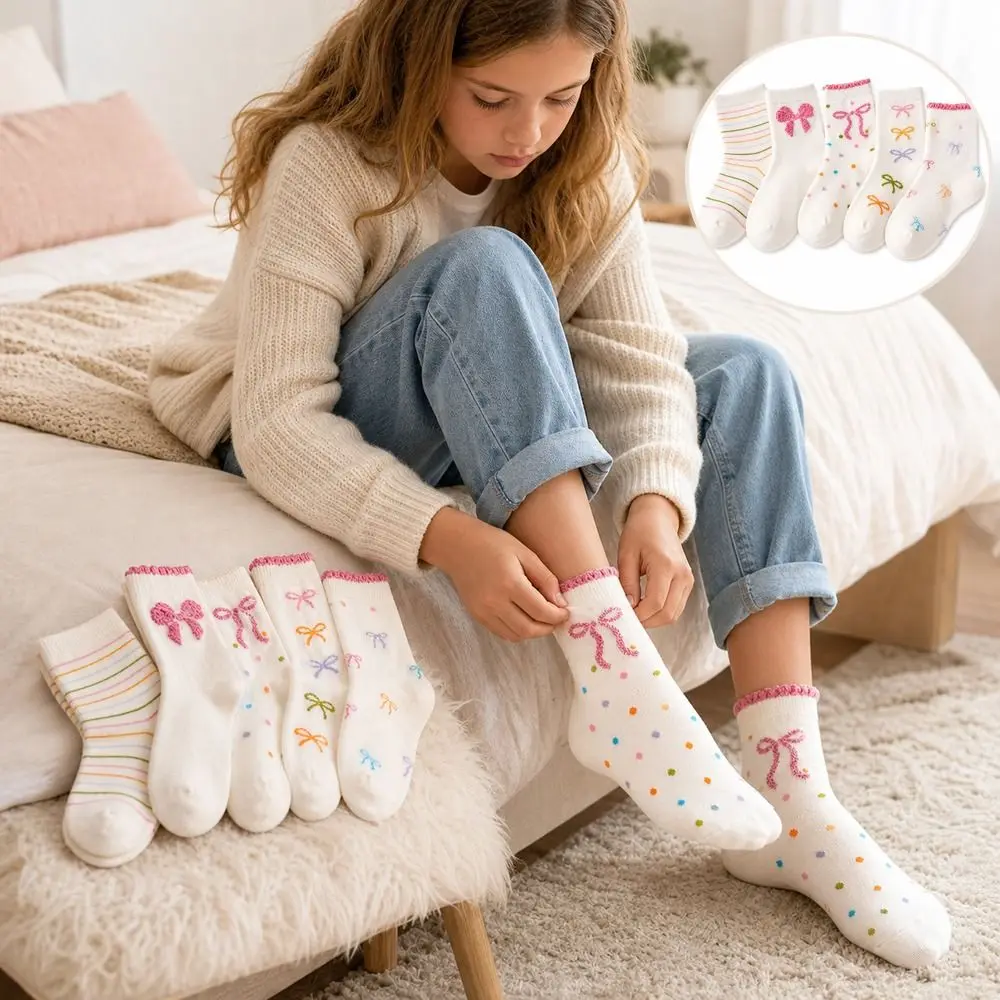 5 Pair Set Ruffle Bowknot Baby Socks Cotton Print Pattern Mid Tube Socks Soft Elastic Breathable Children Sports Socks School