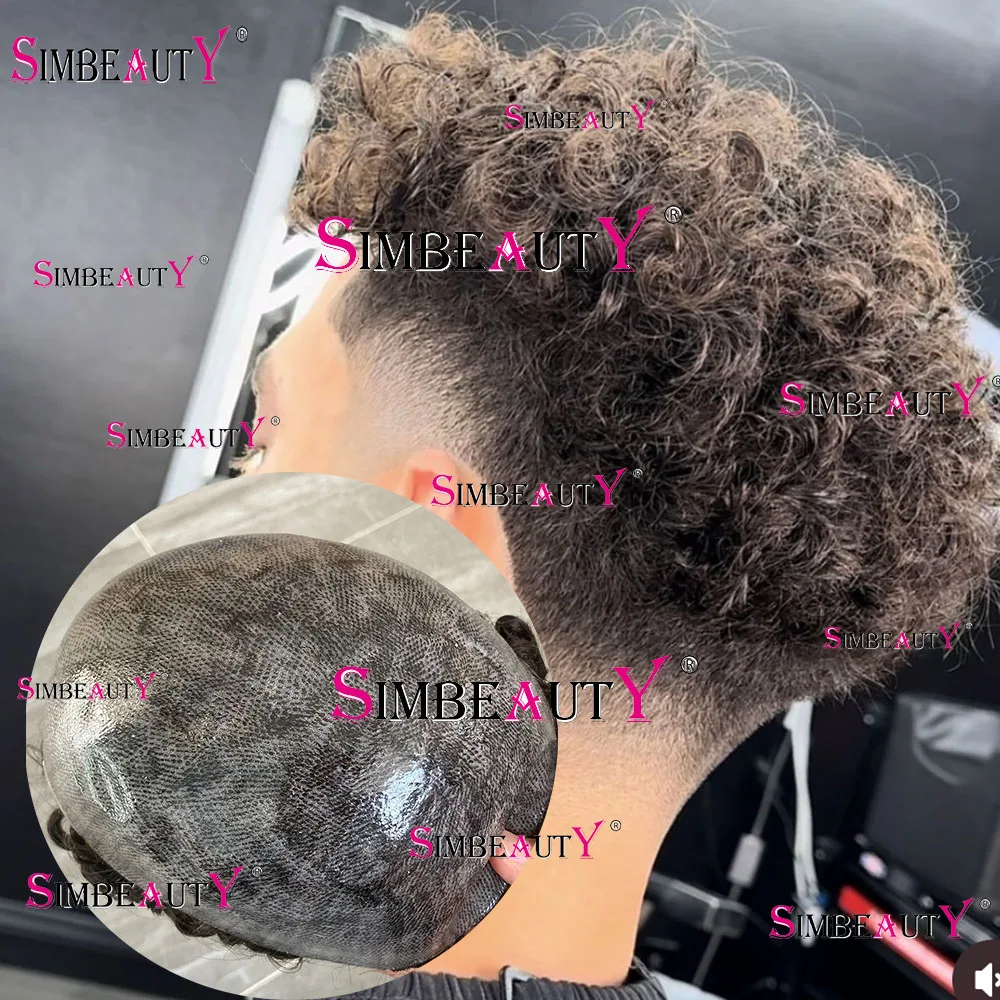 

20MM Curly Male Cheap Prosthesis Super Durable Injection Full Thin Skin PU Toupee 100% Human Hair Wigs System Hairpieces For Men