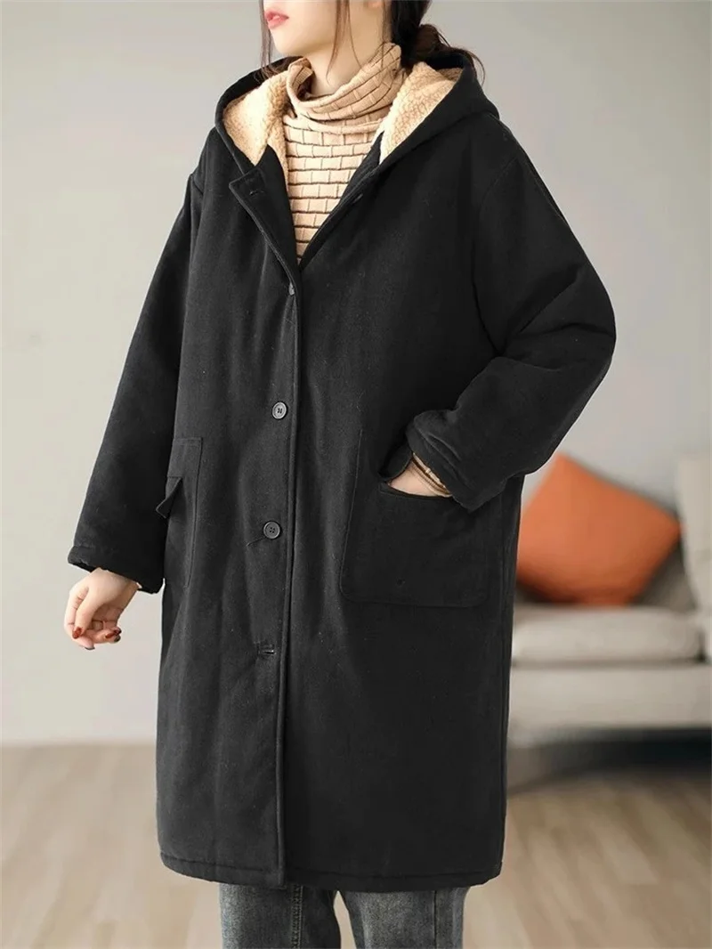 เสื้อแจ็คเก็ตผ้าฝ้ายความยาวปานกลางถึงยาวเพิ่มขนแกะหนาหนาสําหรับผู้หญิงฤดูหนาว 2025 Lambhair เสื้อแจ็คเก็ตผ้าฝ้ายคลุมด้วยผ้า