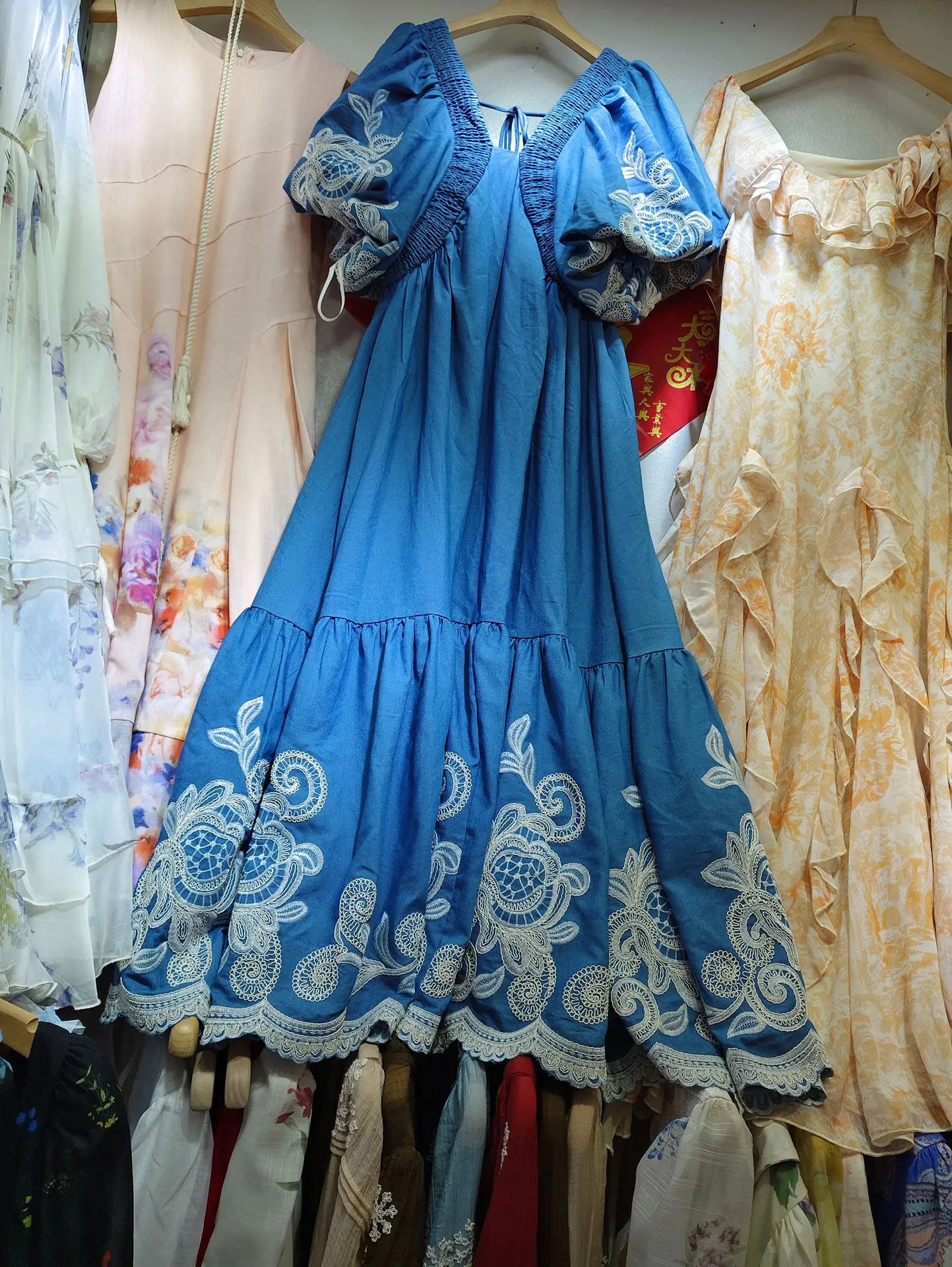 

2025 Spring and Summer New Puff Sleeve Square Neck Tie Elastic Splicing Retro Embroidery Blue Long Dress-GZDL101