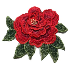 Red Rose Leaves 3D Flowers Embroidered Fabric Appliques Mesh Trimmings Sew On Patches For Wedding Bride  Dress DIY Decoration