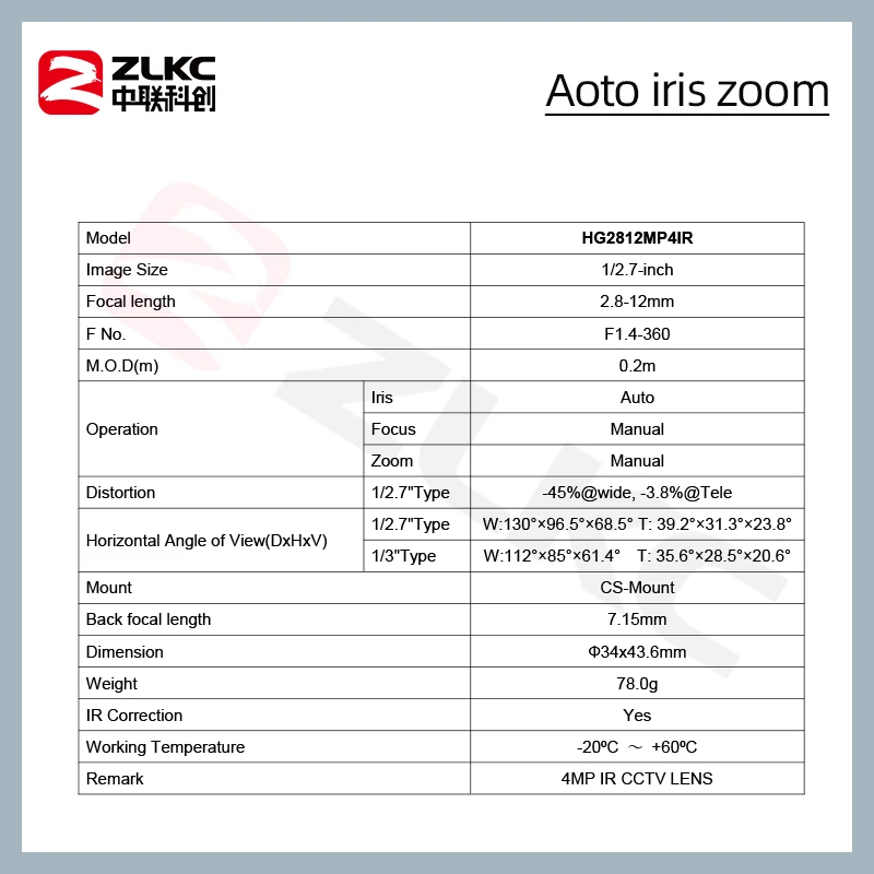 ZLKC CCTV Lens Auto DC Iris 2.8-12mm Zoom Lens 1/2.7 Inch 4MP CS-Mount IR Optical Lens for 720P/960H/1080P/IP/Box Camera Basler