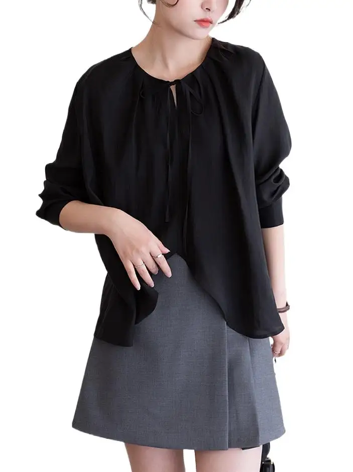 

Spring Rayon Girlish O-Neck Shirts Design Sense Necklace Tie Long Sleeves Simplicity Solid Lightweight Chic Comfortable Tops