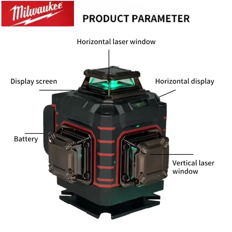 Milwaukee 4 côtés * 360 degrés Vertical 4.2 V 3-4D niveau Laser 16 lignes auto-nivelant ligne transversale verticale Lase niveaux Laser vert