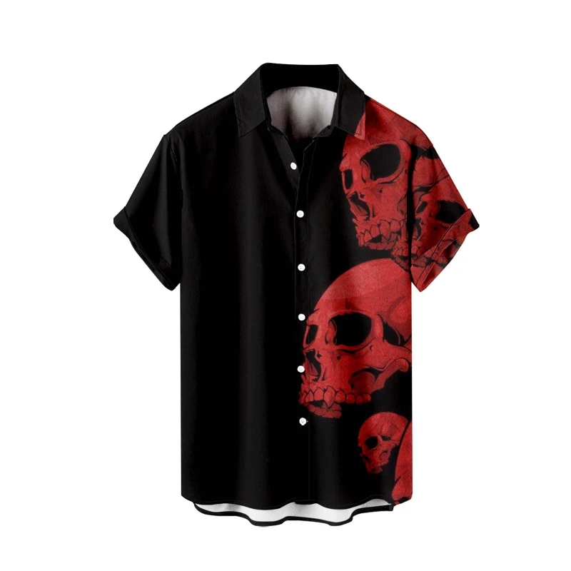 2026 Men's Summer Halloween Shirt Skull 3D Printed Clothing Button Short Sleeve Collar Large Size Shirt Men's Terror T-shirt