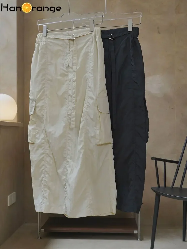 HanOrange 2026 Summer Retro 100% Nylon Cargo Skirt Half Length Loose Casual Skirt Black/Beige Apricot