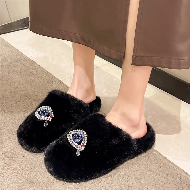 New Home Women's Slippers Winter Warm Houseshoes Evil Eye Style Fuzzy Comfy Heart Flat Sole Funny Flip Flops Women Shoes