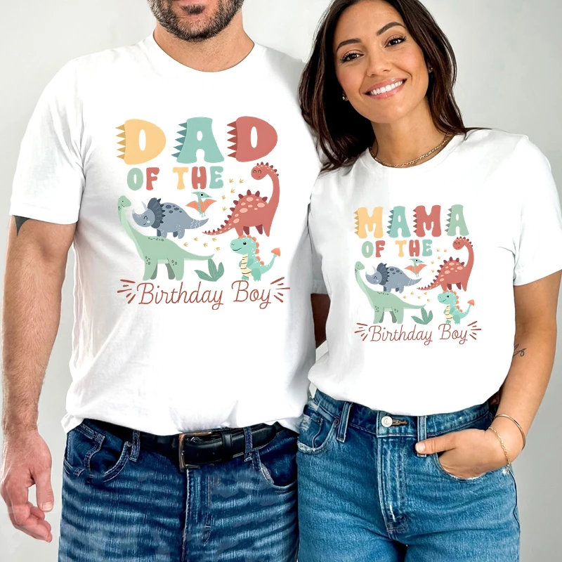 Dad/Mama of The Birthday Boy Print Couple T-Shirt Summer Cartoon Dinosaur Family Matching Tops Loose Female O-Neck Lovers Tshirt