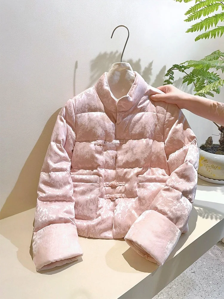 

Women's Thiened down Cotton Jaet Stand Collar Retro Sle Button Embellied Warm Coat Spring Autumn Winter Faion