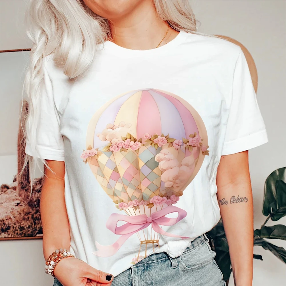 Y2K Graphic T-shirt, Floral Hot Air Balloon Print, Whimsical, Dreamy and Adventurous,Soft Fabric for Fantasy-Themed Casual Looks