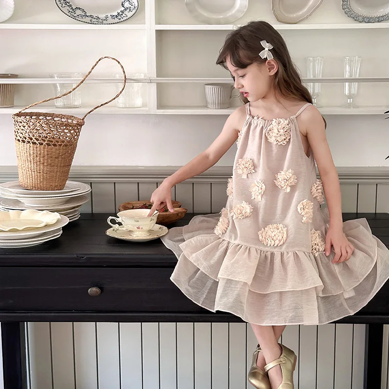 

Girls Children Dress 2024 Summer Princess Dress Girl Temperament Three-dimensional Flower Slip Skirt Korean Sweet Style