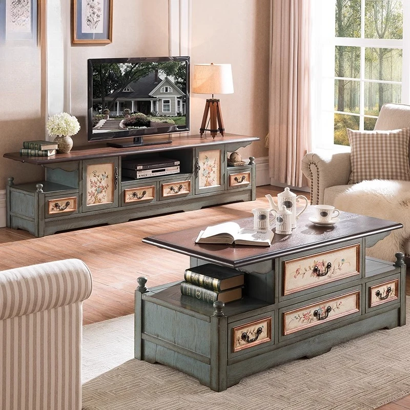 

American Mediterranean retro solid wood painted old TV cabinet coffee table side cabinet combination set