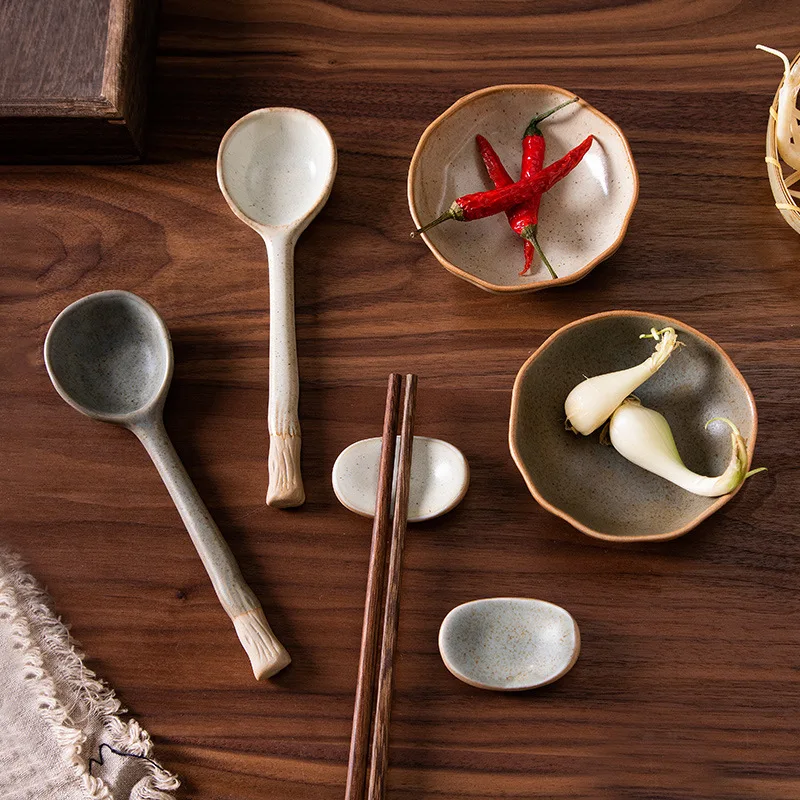 

YFY Japanese-style coarse pottery tableware, seasoning plate, small plate, long handle round spoon, chopstick rack, holder