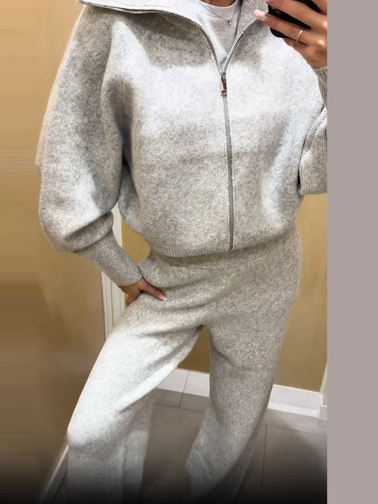 Women Casual Light Grey Two Piece Knit Set Lapel Zip Up Knit Cardigan High Waist Wide Leg Pants Fall New Daily Street Outfit New