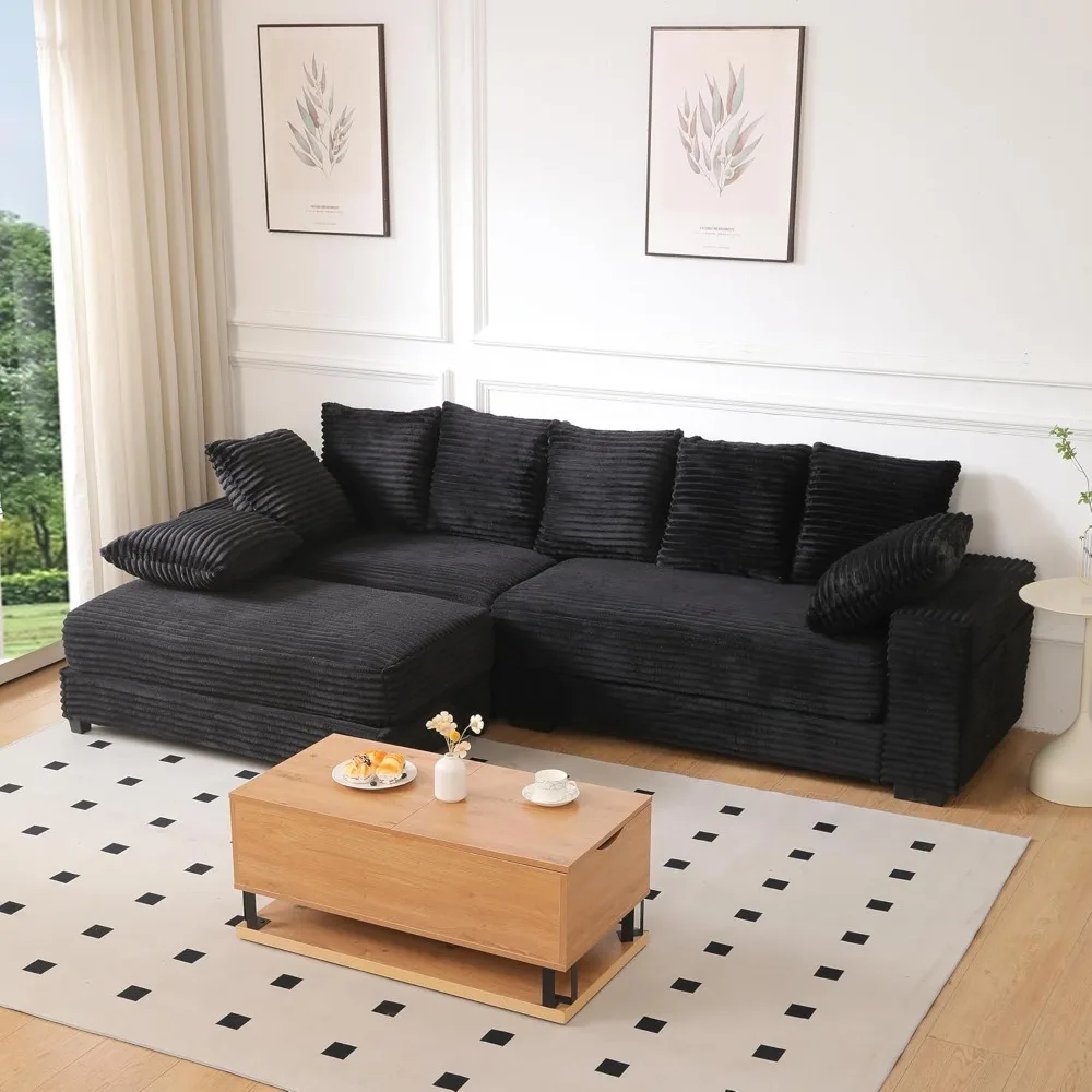 Corduroy Modular Sectional Sofa with Ottoman & Storage, Modern Deep-Seat L-Shaped Sectional with 8 Pillows, Cloud-Like