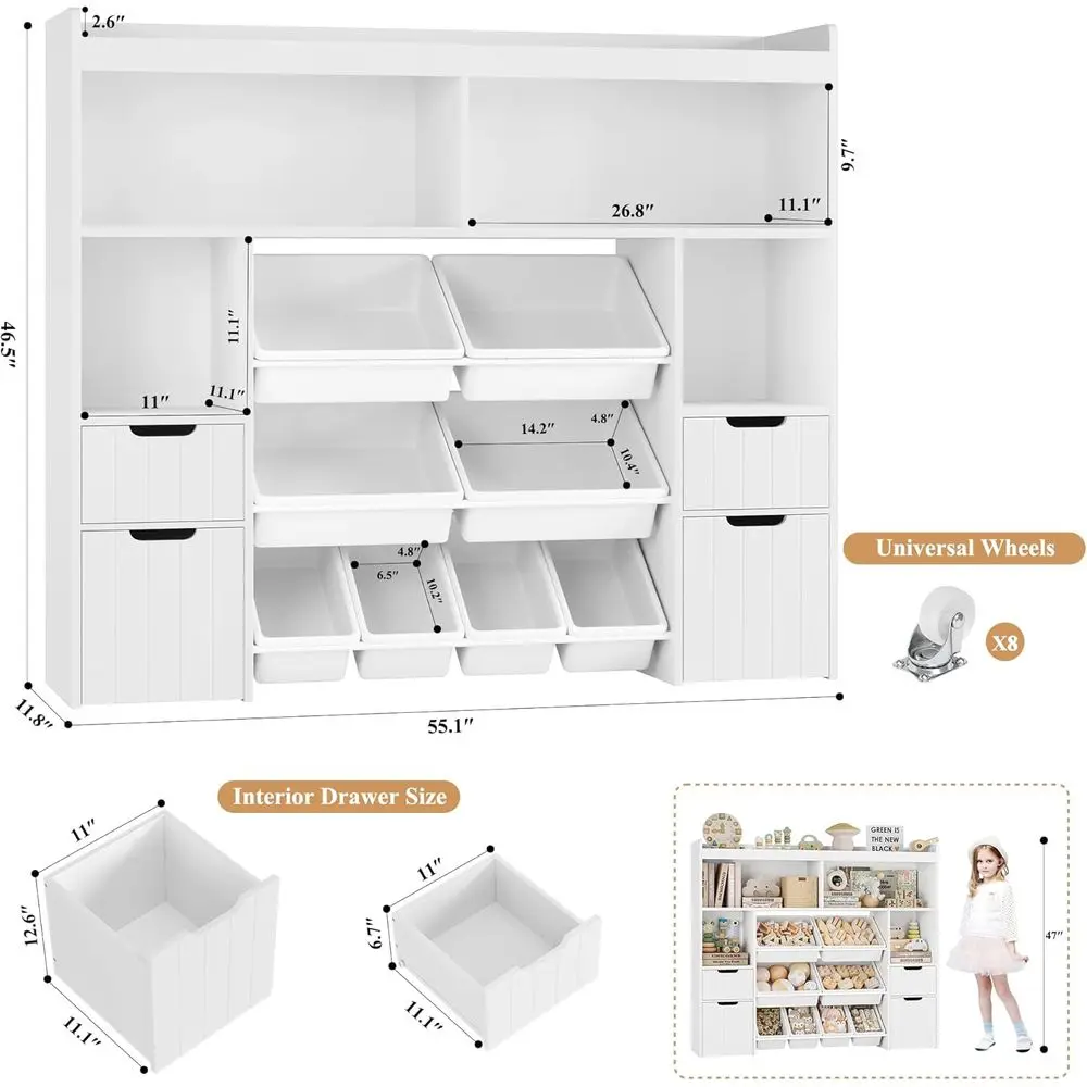 55 منظم تخزين ألعاب أبيض مع أدراج، صندوق ألعاب للأطفال مع صناديق قابلة للإزالة، رف كتب طويل للأولاد والبنات، غرفة لعب حديثة #3