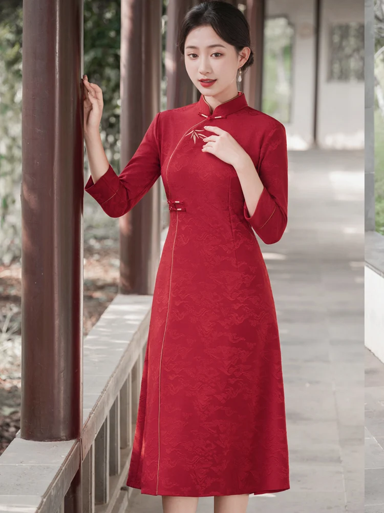 red-ele-simplified-chinese-sle-dr-spring-autumn-long-sve-maxi-skirt-wedding-dinner-par-mother-of-the