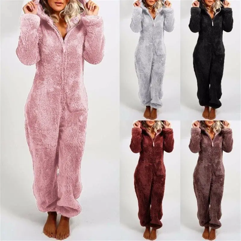 

Autumn Winter Thiened Fce Lined Fur Hooded Onesie Women's Spwear 6 Colors Long Pants Medium Waist Other Fabric