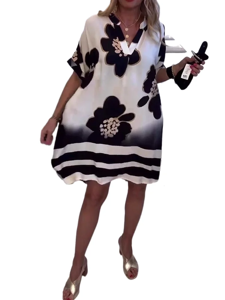

New Summer Printed V-neck Short-sleeved Loose Casual Dress For Women Fashion Elegant Holiday Party Dresses 2025 Woman Vestidos