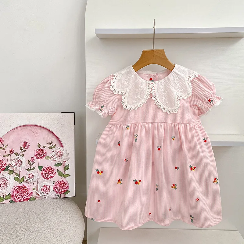 2026 Summer 0-24M Baby Girl Embroidery Collar Bodysuit 2-6Yrs Kid Sweet Party Short Sleeves Lace Collar Dress Pink Sister Dress view 5