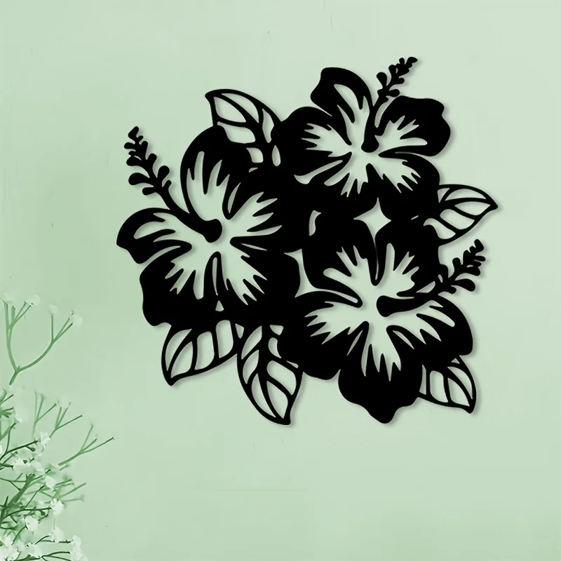 Retro Hibiscus Metal Wall Art Iron 2D Flat Floral Sculpture Living Room Office Hanging Mural Christmas Tropical Decor Gift