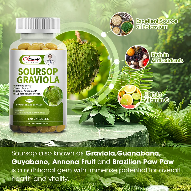 Alliwise Soursop Graviola Capsules for Powerful Antioxidant Promote Digestion & Cellular Health Strengthen Immunity