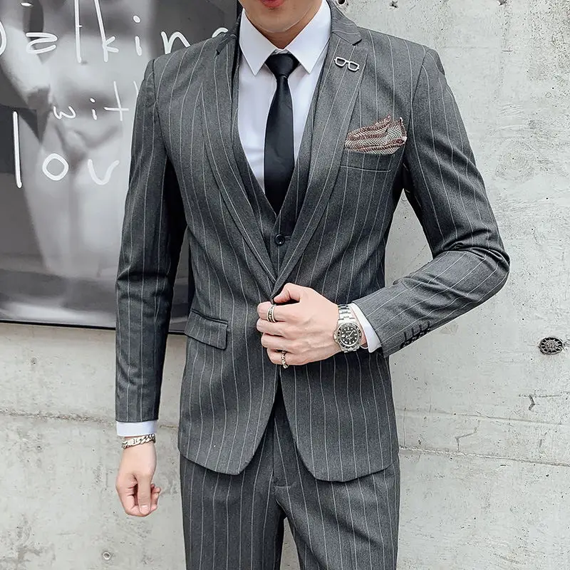 

Slim Fit Tee Piece Suit for Men Spring Autumn Korean Sle Host Casual Haome Striped Busin Casual Polyester Blend