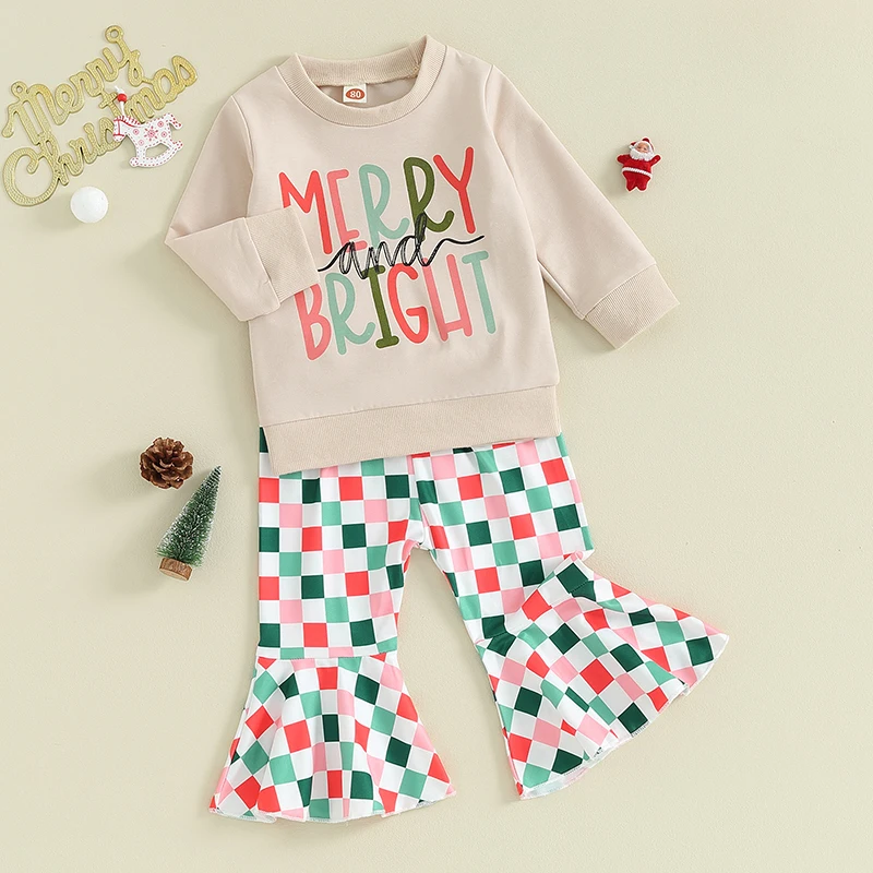 

Cute Baby Girl Winter Outfit Set with Letter Print Top and Plaid Flare Pants Round Neck Long Sleeve Pullover Christmas