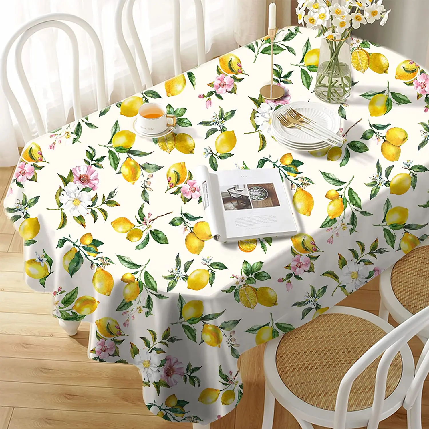 Summer Lemon Floral Rectangle Tablecloth Kitchen Dining Table Decor Reusable Waterproof Tablecloth Wedding Party Decorations