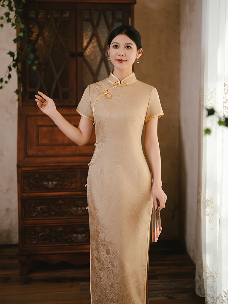 

High-End Silk Mom Weave Silk Daily Wear Slimming Improved Dress Vintage Style Long Qipao Short Sleeve