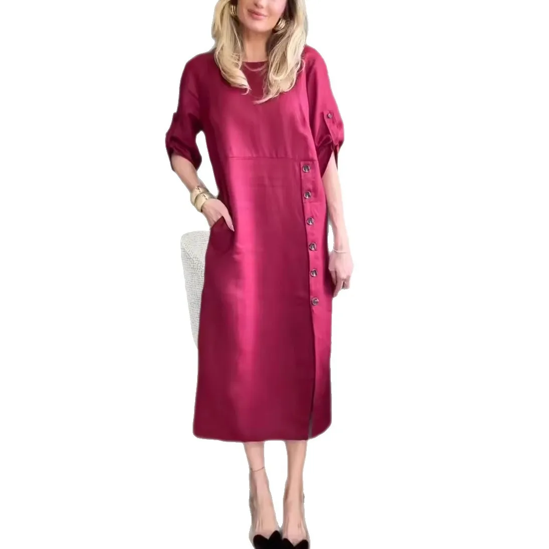 2026年 ラウンドネック 無地 ボタンシャツワンピース レディース 七分袖 通勤 カジュアル ゆったり 夏休みワンピース