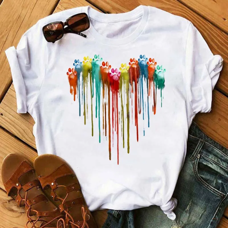 Colorful Heart Paws Printed T-shirt Tops Fashion Heart Dogs Paw Print Casual Tops Summer Cartoon Graphic Printed Tees white Tops