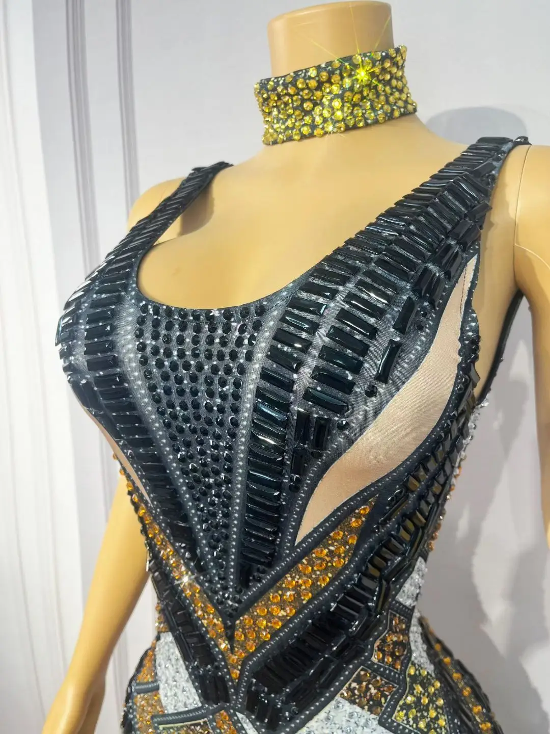 Luomacaizuan Sparkly Multi Tone Geometric Rhinestone Bodycon Jumpsuit Sleeveless Cutout Mesh Flare Pants Competition Dance Wear