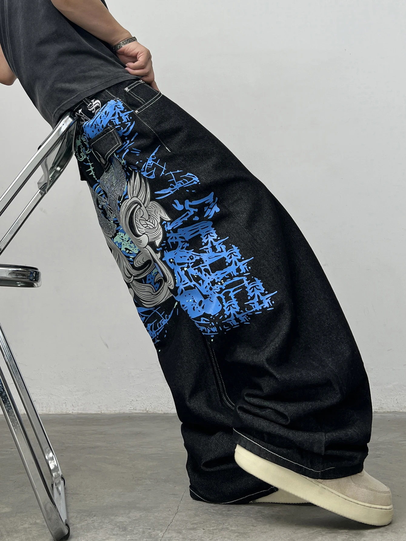 American Street-Style Graffiti Print Embroidered Black Baggy Jeans Men Y2K Trendy Wide-Leg Straight Pants