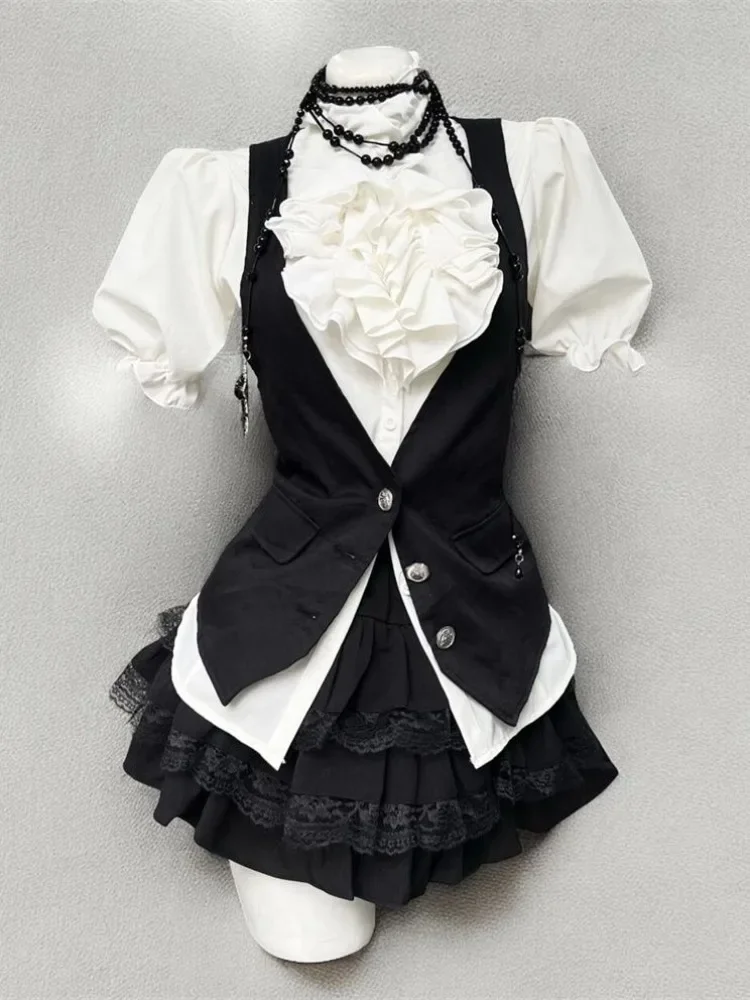 Y2k – chemise à manches bouffantes à volants pour femmes, gilet ajusté noir + jupes gâteau taille haute, ensembles trois pièces, nouvelle collection été 2025