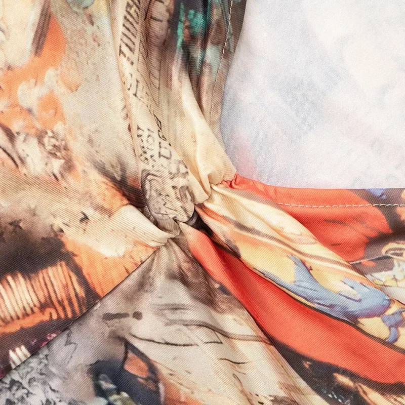 Mulheres estéticas impressão magro halter playsuits moda sem mangas sem costas ruched pêssego quadris magro clube macacão na altura do joelho geral