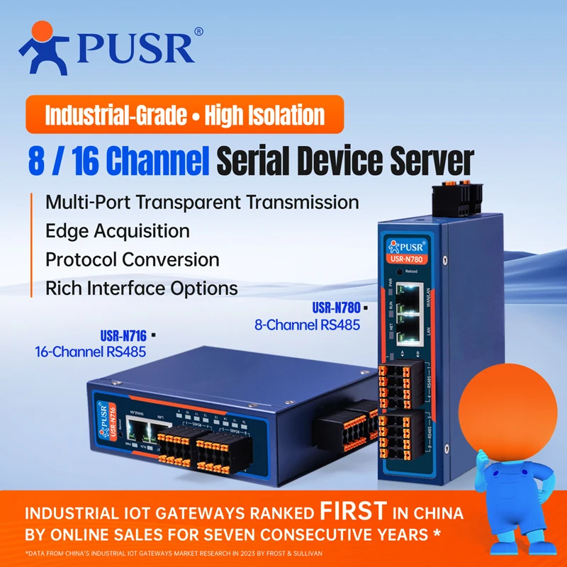 PUSR Industrial RS485 to Ethernet Converter 8/16 Port Isolated Serial 1WAN/LAN 1LAN 1CAN FD Modbus RTU/TCP Edge Gateway USR-N780