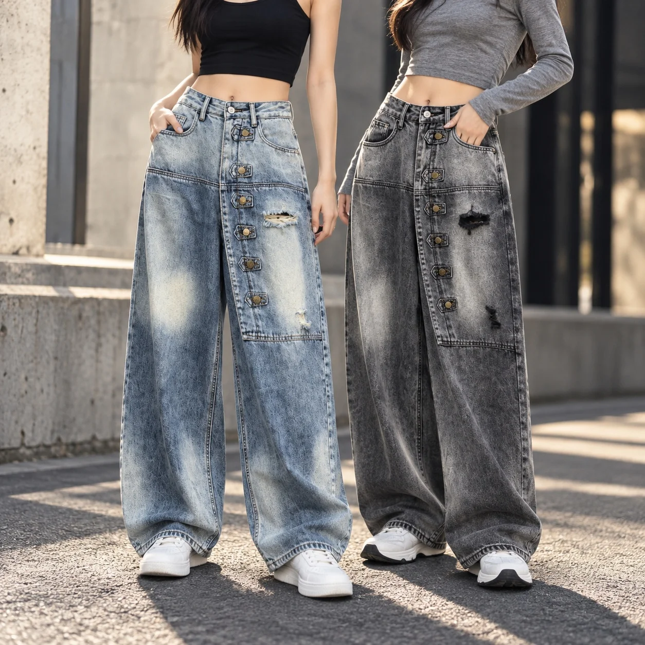 Washed Finish High Waist Jeans Streetwear with No Stretch Autumn Ripped Regular Thickness Loose Fit Straight Leg Women Jeans
