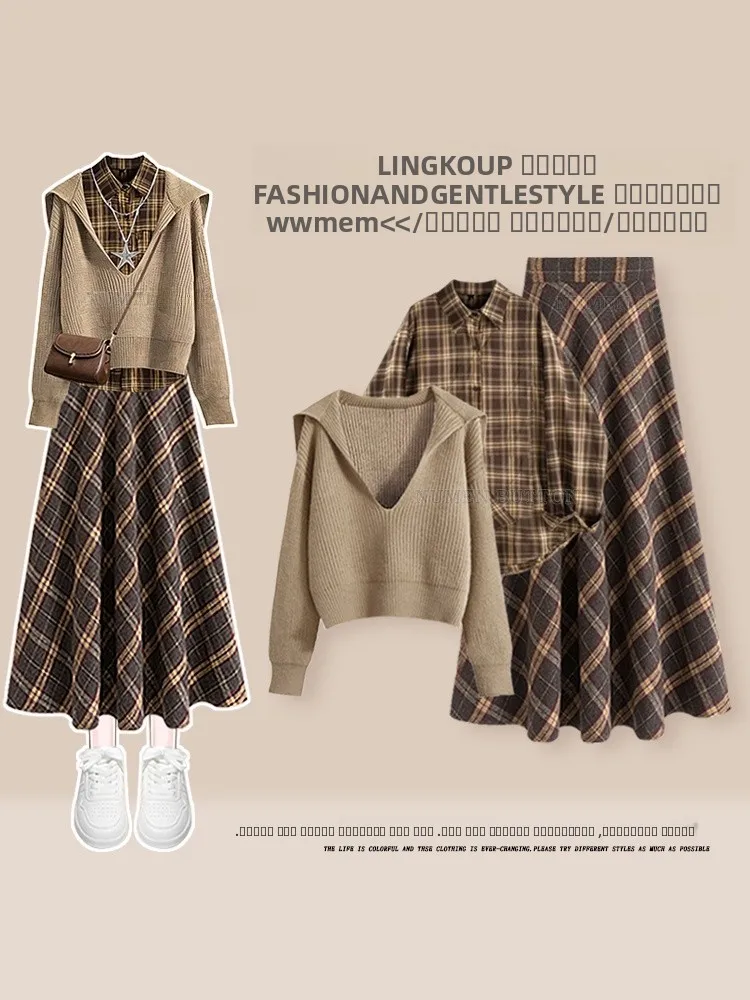 

Комплект из двух предметов: вязаный свитер большого размера и юбка в клетку для осени/зимы. Женский, омолаживающий, простой и модный.