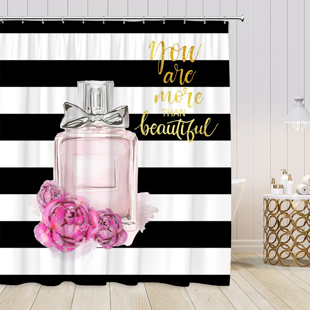 Pink Perfume Shower Curtains Cosmetics High Heels Flowers Black White Stripes Bathroom Decor Girl Fashion Vintage Bath Curtain