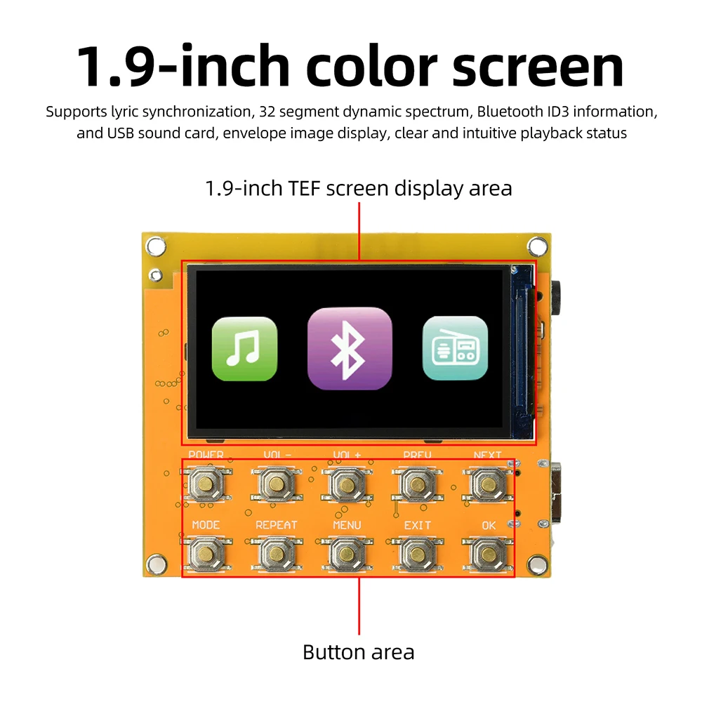Bluetooth FM Radio Lossless Audio Player Decoder Board 1.9-inch TFT Color Screen 87.0-108.0MHz FM Radio Module