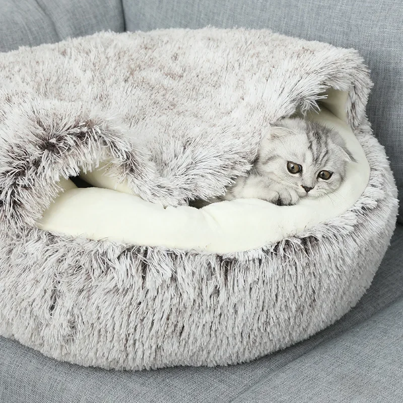 Autumn and Winter soft plush pet bed and pet bed Winter warm and cold plush comforter nest Shell cat nest semi-enclosed cat nest