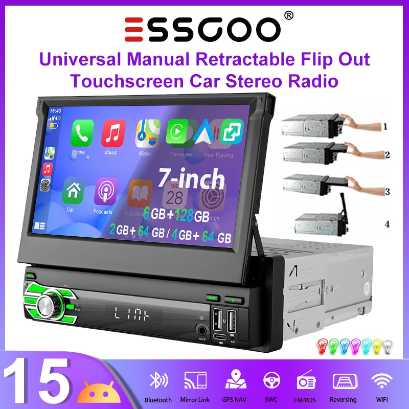 ESSGOO 7" Android15 4+64G 6+128G 2+64G Universal pantalla táctil abatible manual radio de coche GPS navegación WIFI RDS Bluetooth USB Type-C CarPlay Android Auto inalámbrico Mirror Link control del volante