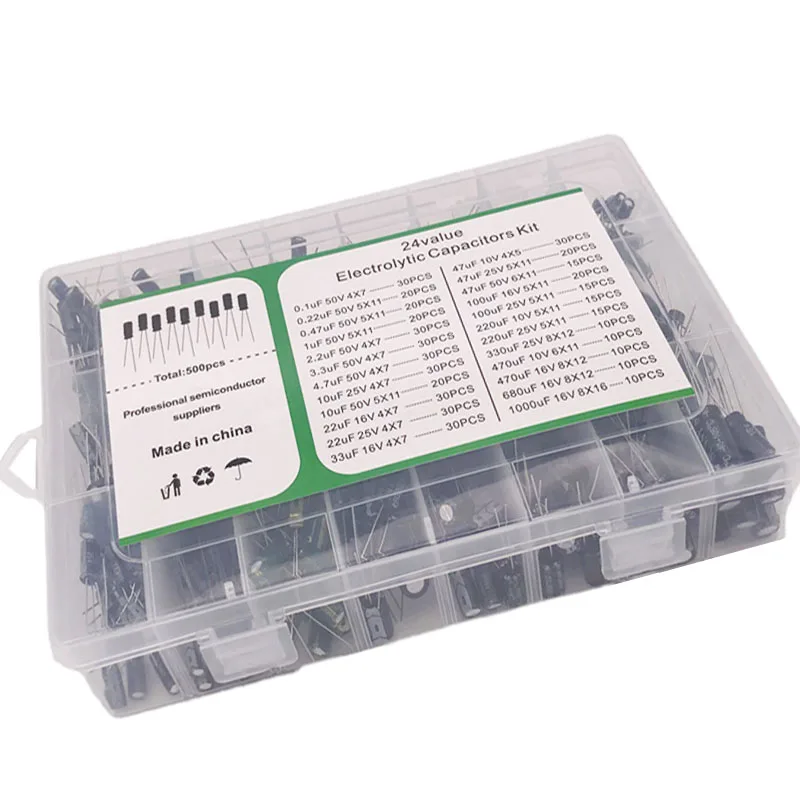 500PCS 10V 16V 25V 50V ชุดอิเล็กทรอนิกส์ 0.1uF-1000uf 24 ค่า elektronik Electrolytic Capacitor ผสม DIP Electrolyte Capacitors